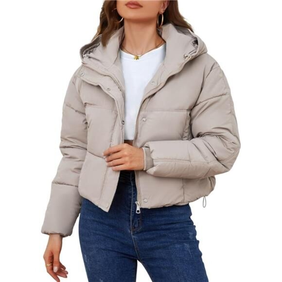 Womens Cropped Puffer Jacket Hooded Zip Up Apricot - Picture 1 of 6
